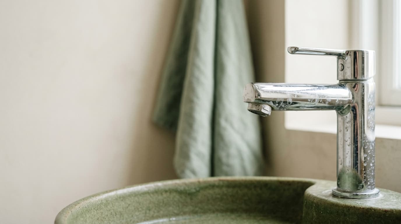 Grifo cromado con incrustaciones de cal blanca sobre lavabo de cerámica musgo iluminado con luz suave