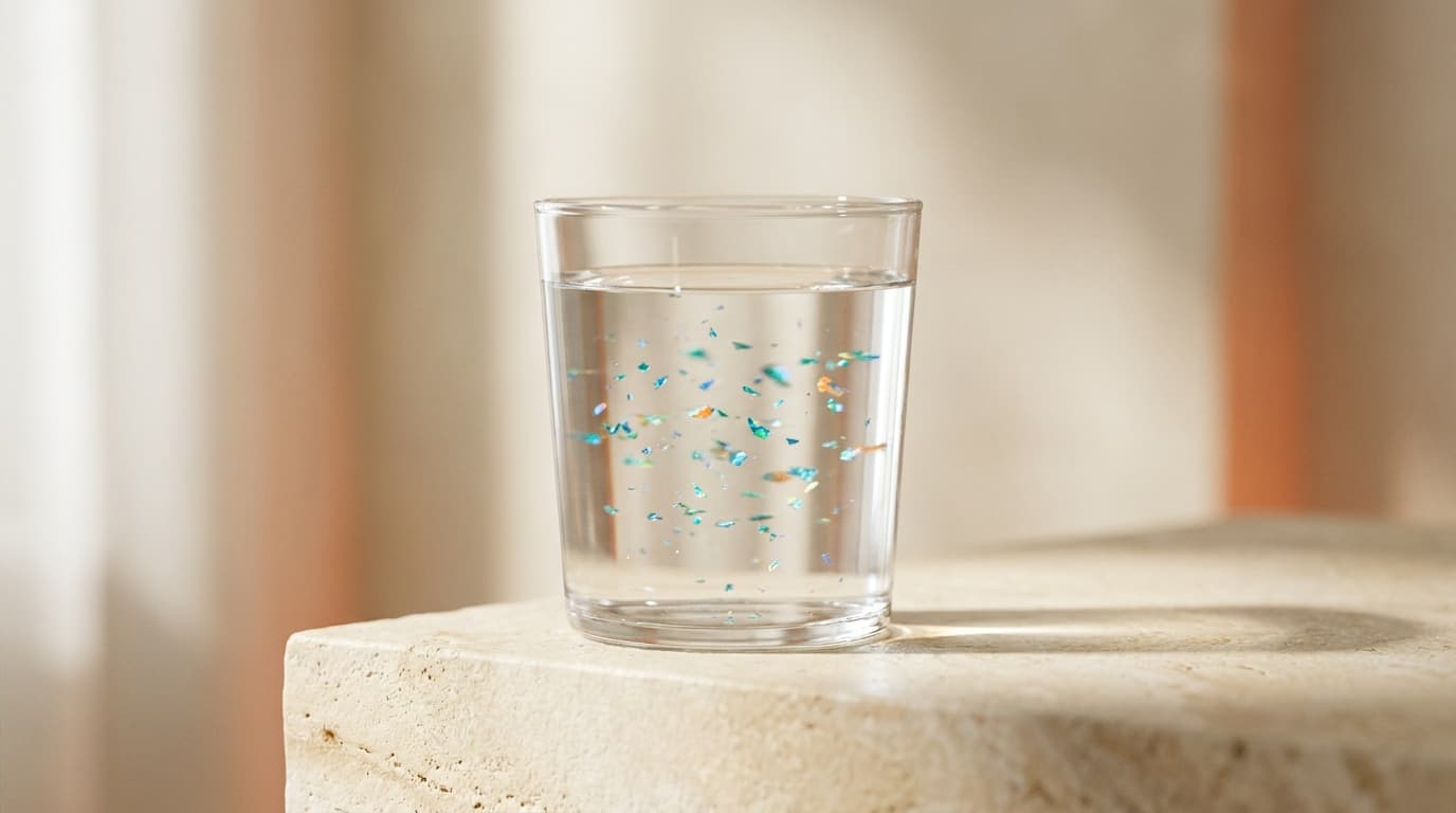 Vaso de agua con micropartículas de plástico visibles suspendidas sobre superficie de piedra crema