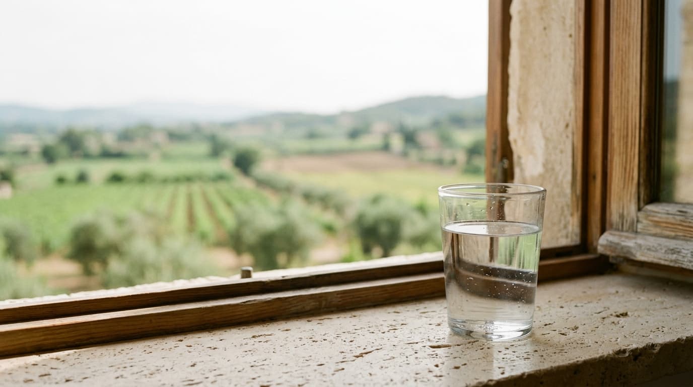 Vaso de agua sobre encimera de piedra crema junto a una ventana con campo agrícola desenfocado al fondo