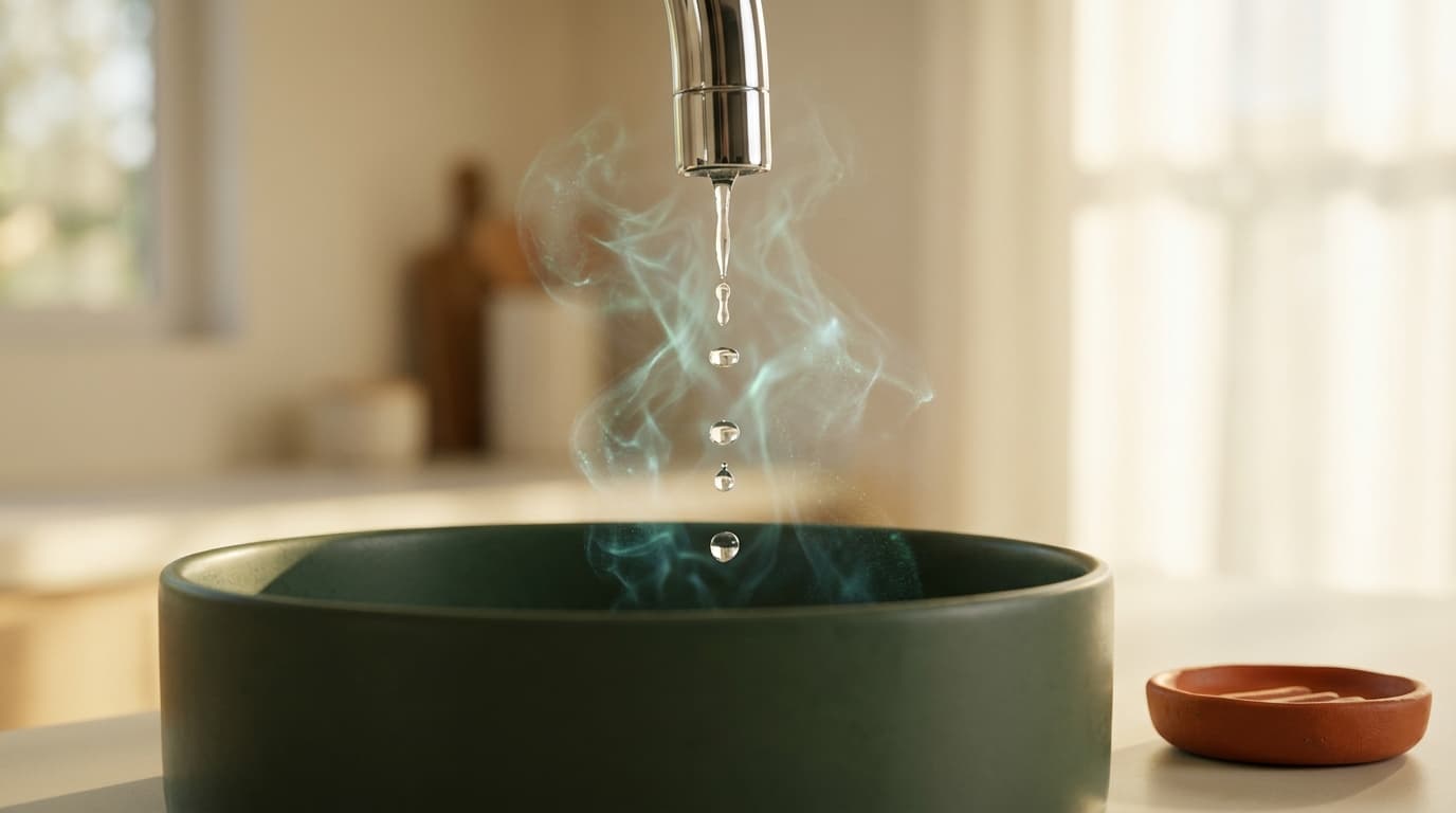 Grifo cromado vertiendo gotas de agua en lavabo de cerámica musgo con sutil contaminación química etérea visible