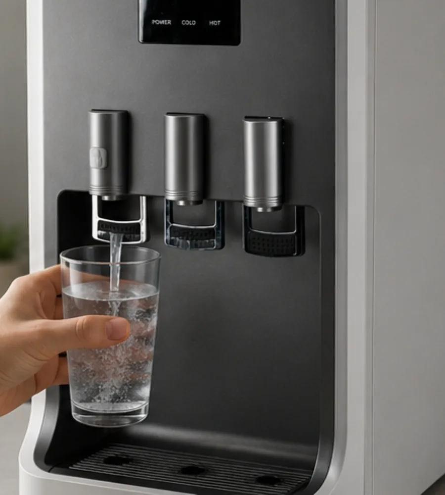 Detalle de los grifos de la fuente encimera sirviendo un vaso de agua