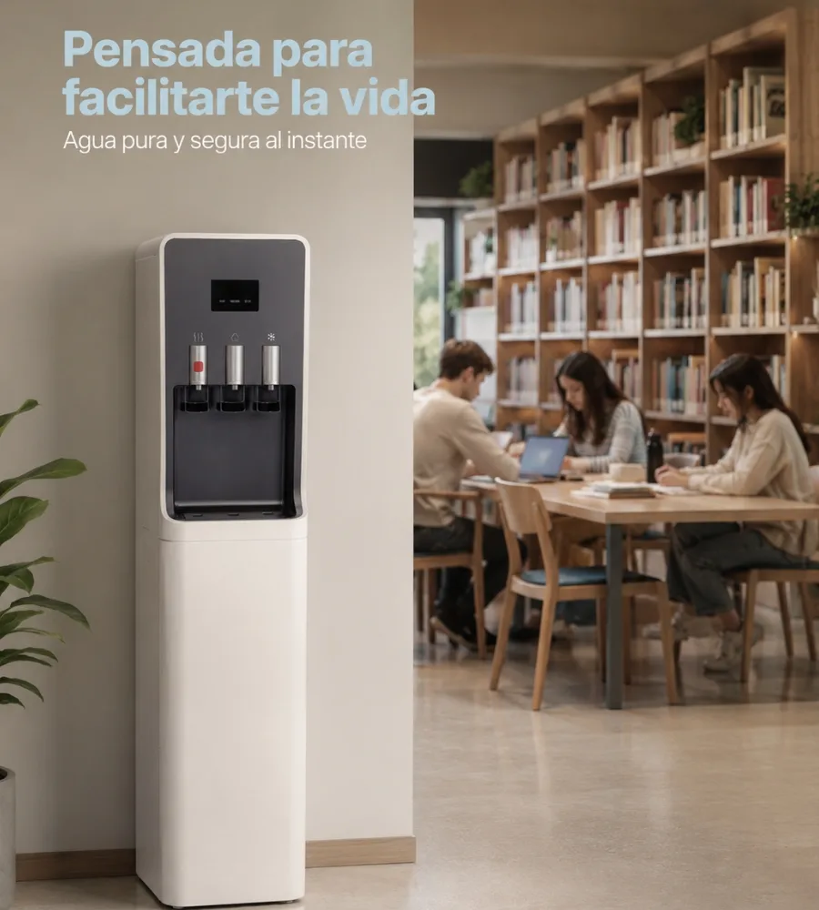 Fuente de pie en una biblioteca, con personas estudiando al fondo