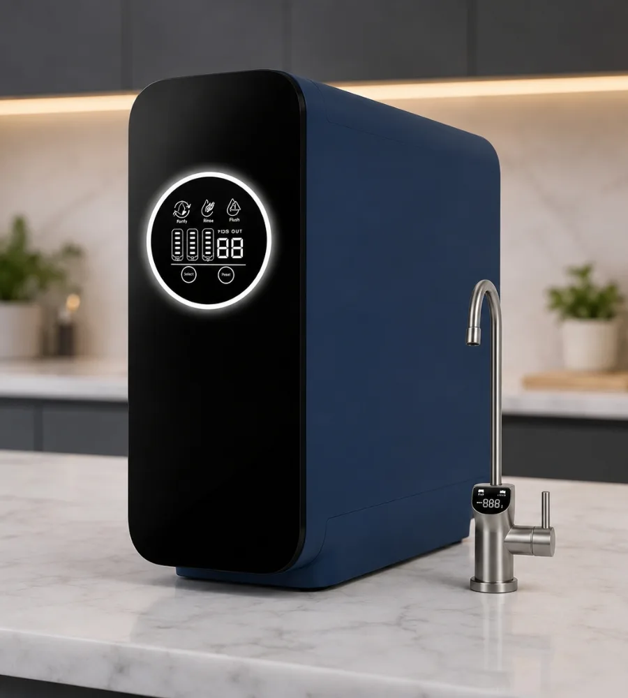 Ósmosis H2Elite instalada en una cocina, junto a plantas y macetas