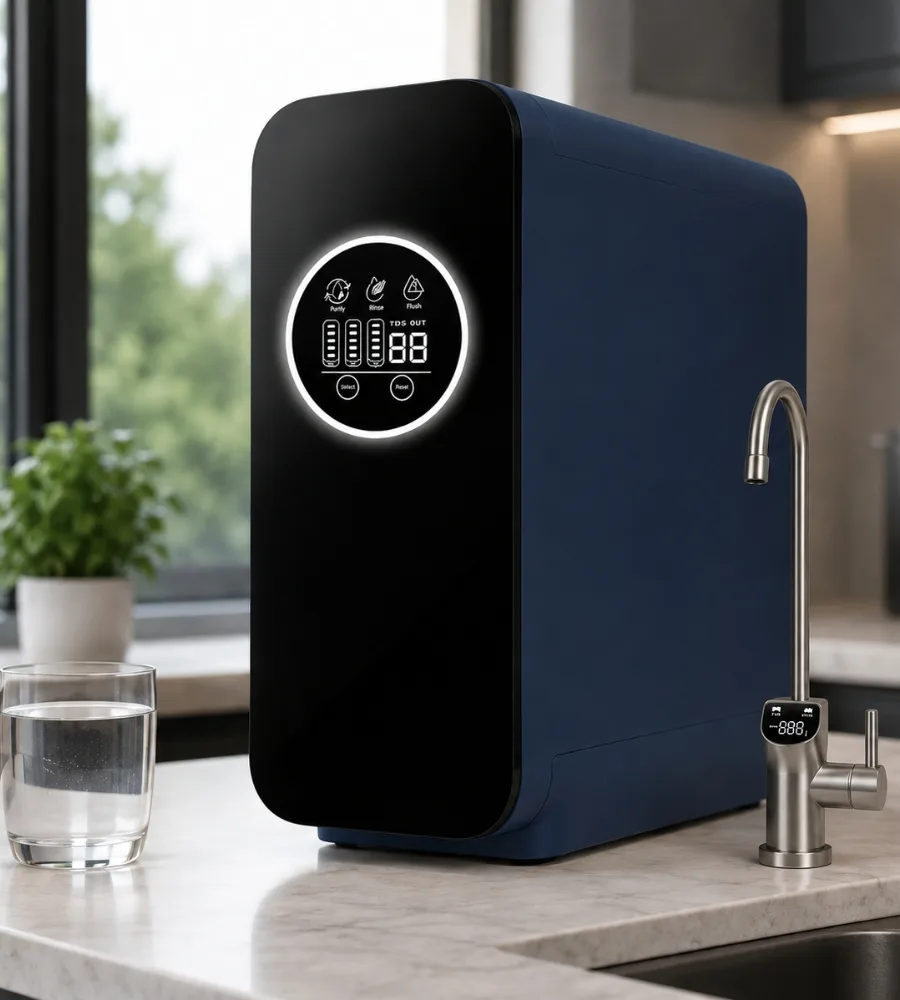 Ósmosis H2Elite junto a una ventana, con un vaso de agua servido
