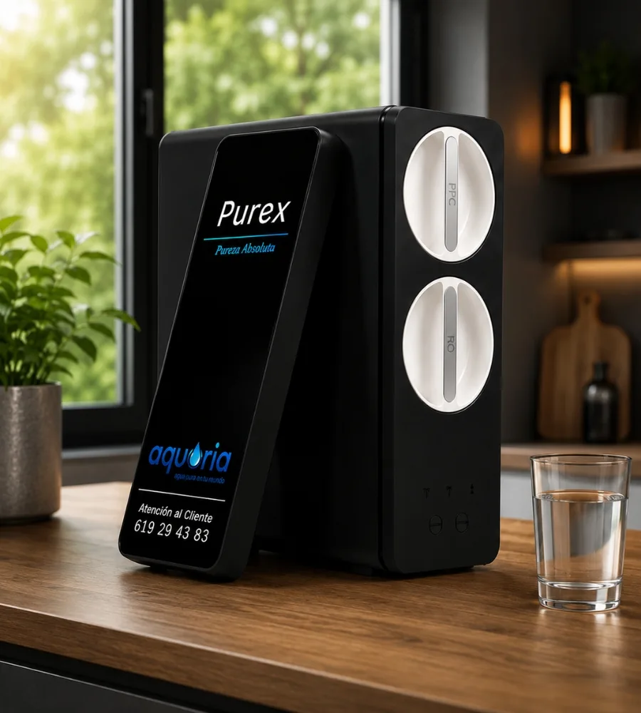 Purex 600 GPD junto a una ventana, con un vaso de agua servido