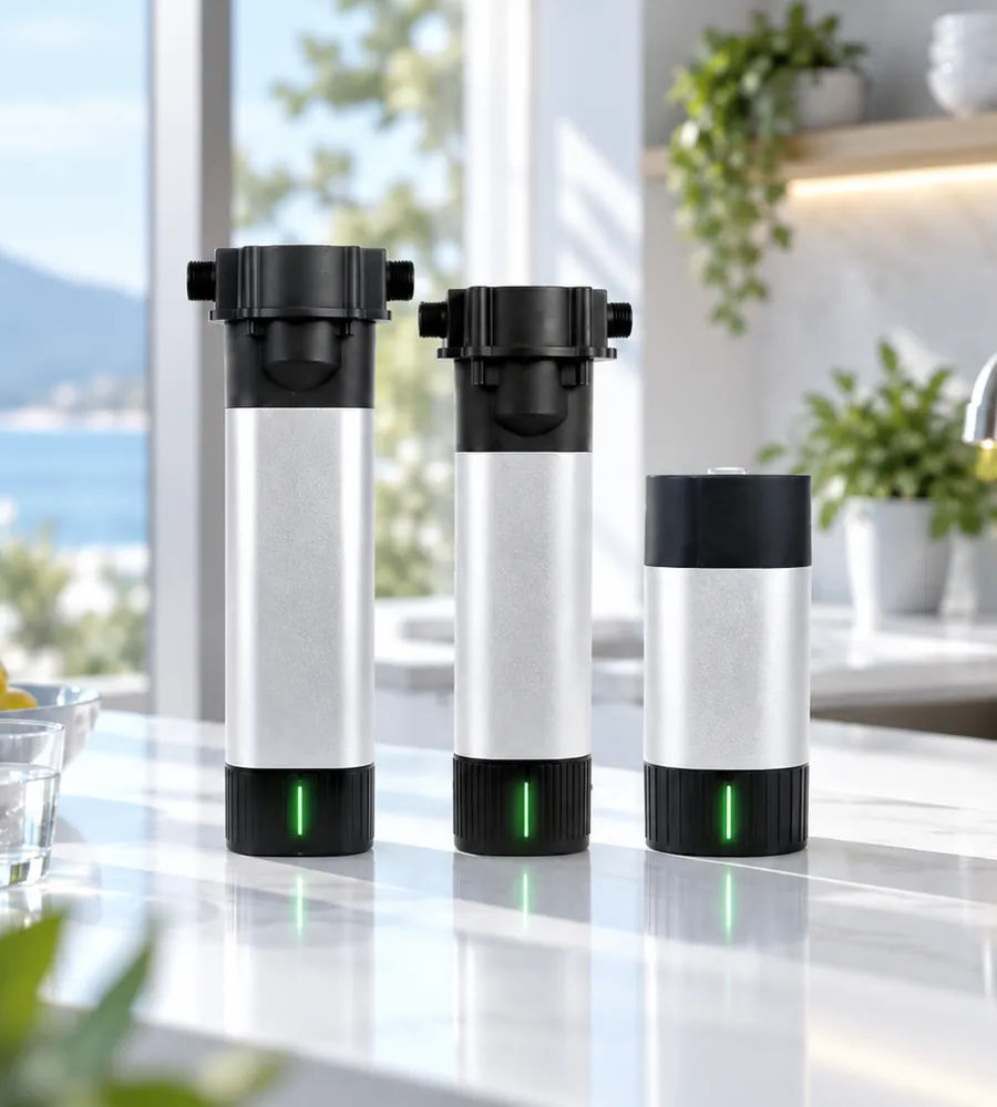 Tres purificadores UV LED de distinta altura, con el piloto de estado encendido en verde, sobre una encimera de cocina